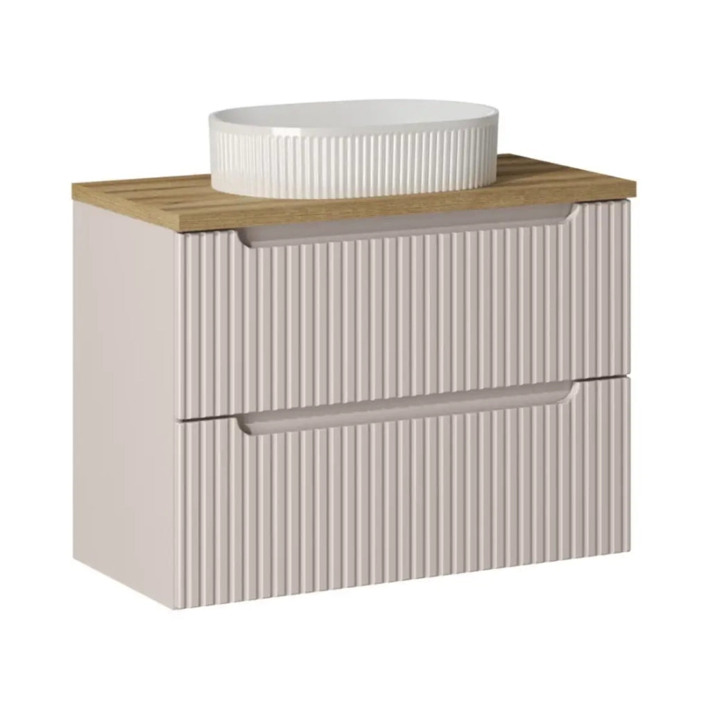 Set VANO cachemire e quercia 80cm: mobile sottolavabo con cassetti + piano per lavabo + lavabo da appoggio bianco scanalato