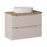 Set VANO cachemire e quercia 80cm: mobile sottolavabo con cassetti + piano per lavabo + lavabo da appoggio bianco scanalato