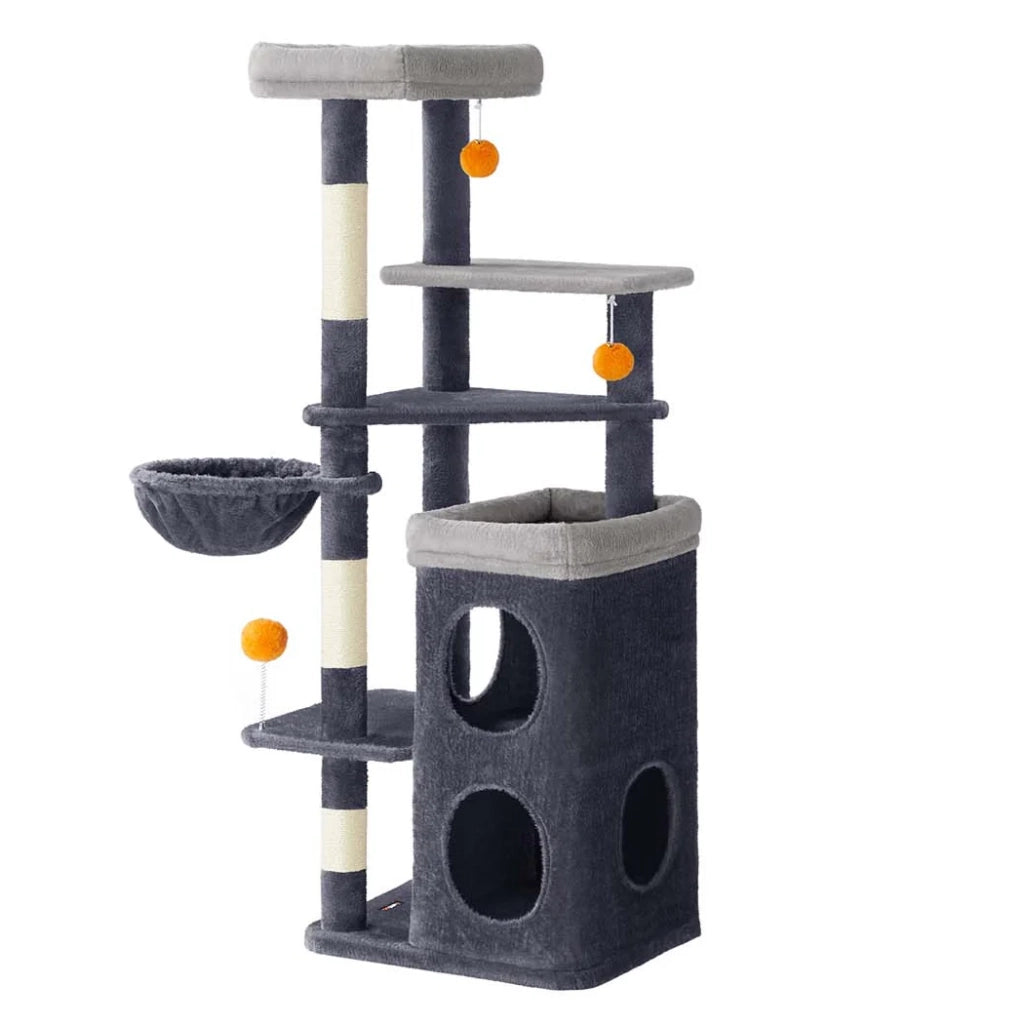 Tiragraffi per gatti altezza 152 cm torre gioco multilivello con 2 grandi cubbie 1 amaca 3 tiragraffi 3 piattaforme grigio 12_0007974