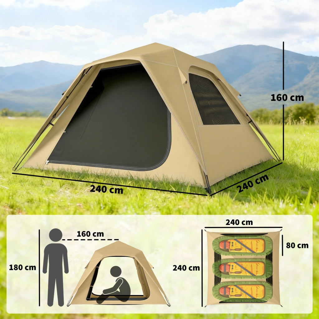 Tenda Pop-Up per 2-3 Persone con Finestre in Rete e Borsa, 240x240x160 cm, Cachi