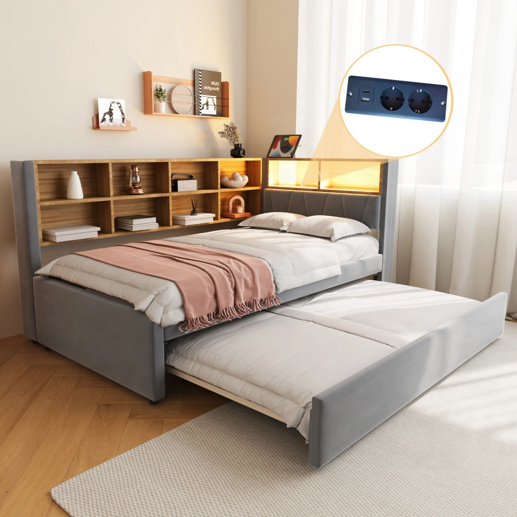 OKWISH Letto Divano Estraibile 90×200 cm, Letto 2 Posti con LED, USB, Tipo C e Prese, Scomparti, senza Materasso, Flanella, Grigio Scuro