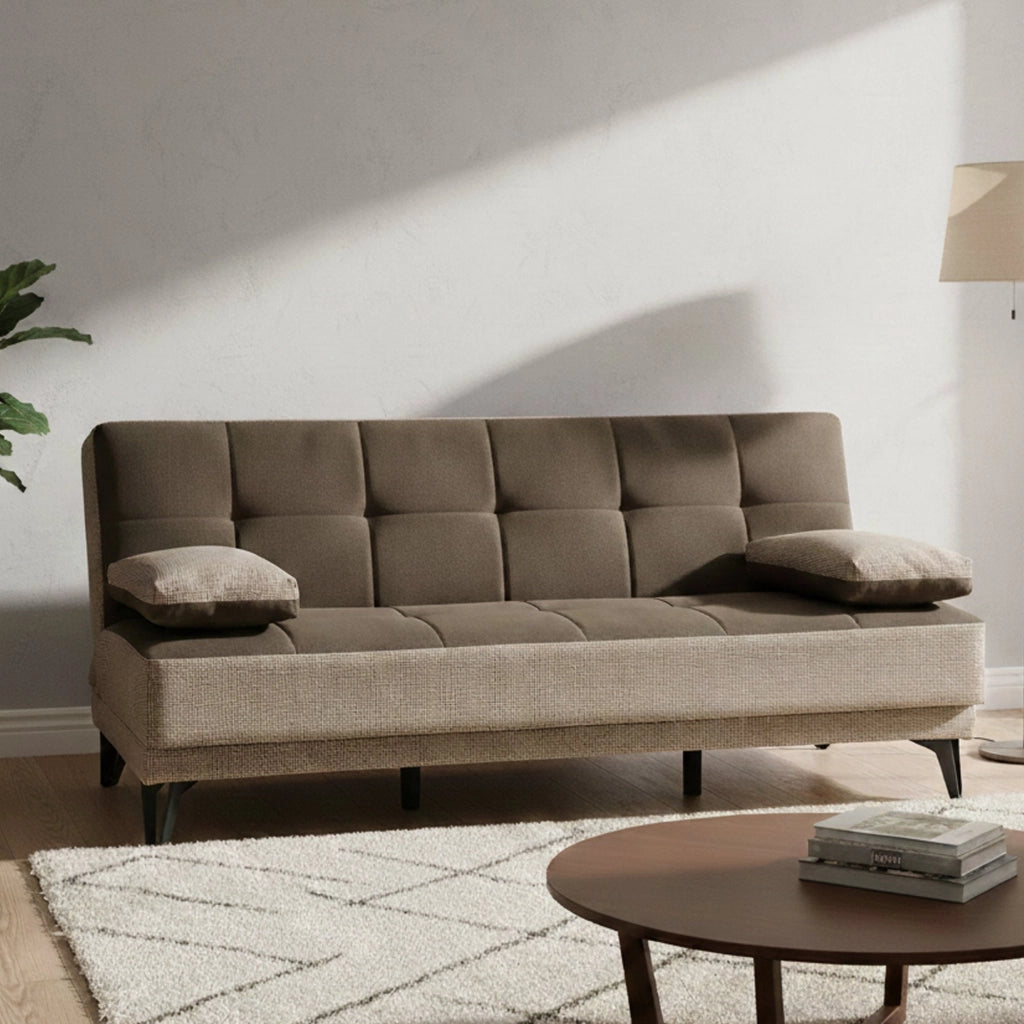 Divano letto Aborigeni, Divano letto a 3 posti con piedini in metallo nero , SofÒ  da soggiorno in tessuto imbottito con apertura click-clack, 190x87h97 cm, Grigio E Marrone