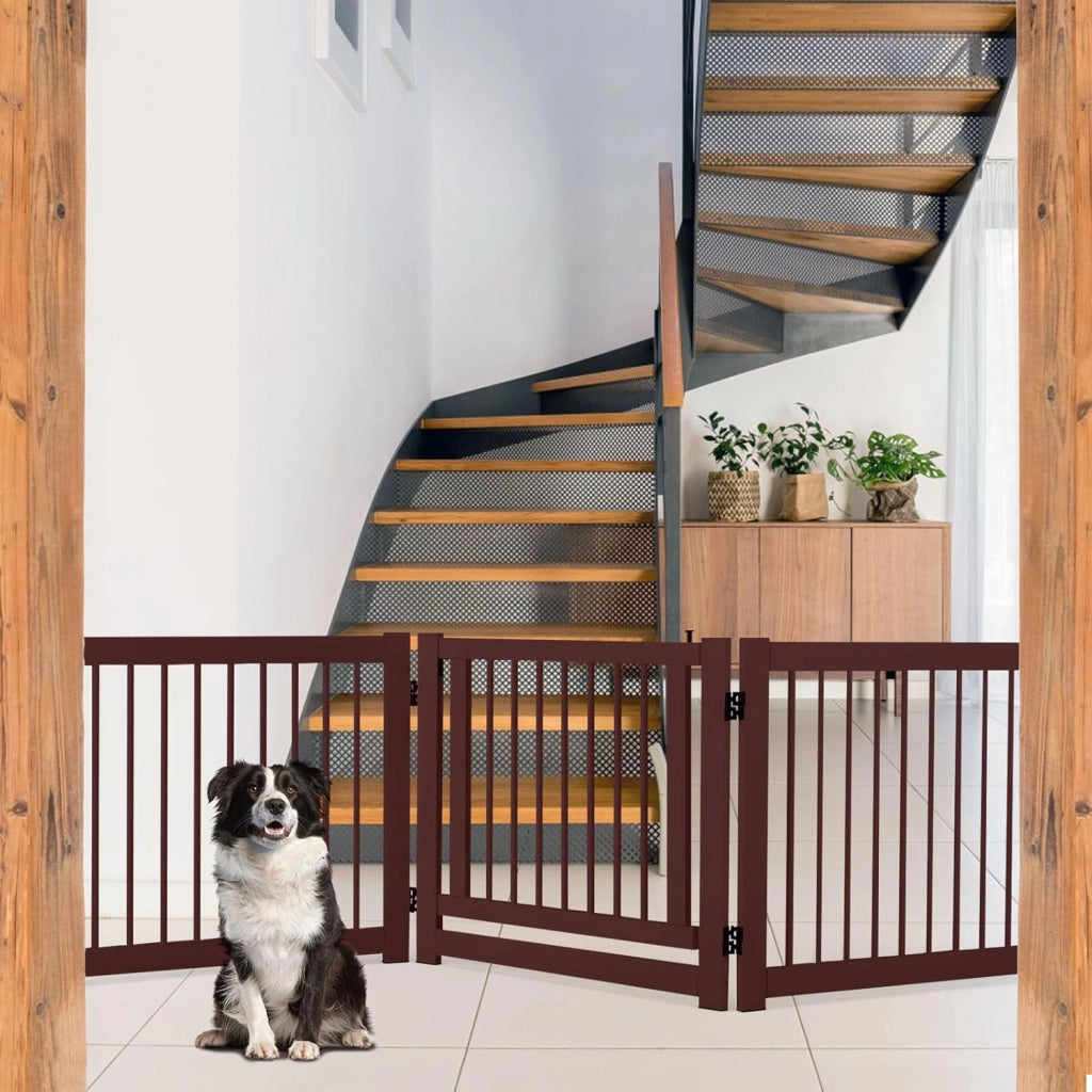 Cancelletto per Cani Pieghevoli 210 x 61 cm, Barriera per Cani in Legno a 3 Pannelli con Porta a Serratura, Recinzione per Scale, Ingressi e Corridoi (Marrone)