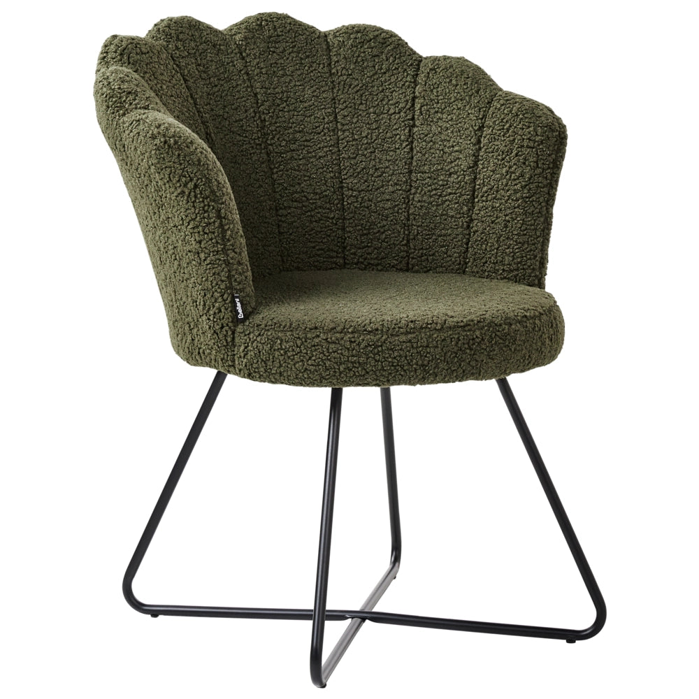 Poltrona senza braccioli Rivestimento in bouclé verde scuro Schienale a conchiglia Design classico vintage Struttura in metallo nero