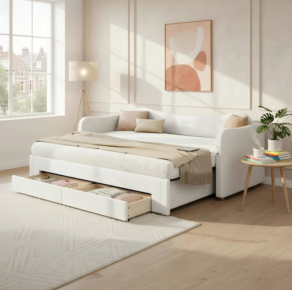 Letto multifunzione imbottito con cassetti, USB e funzione estraibile