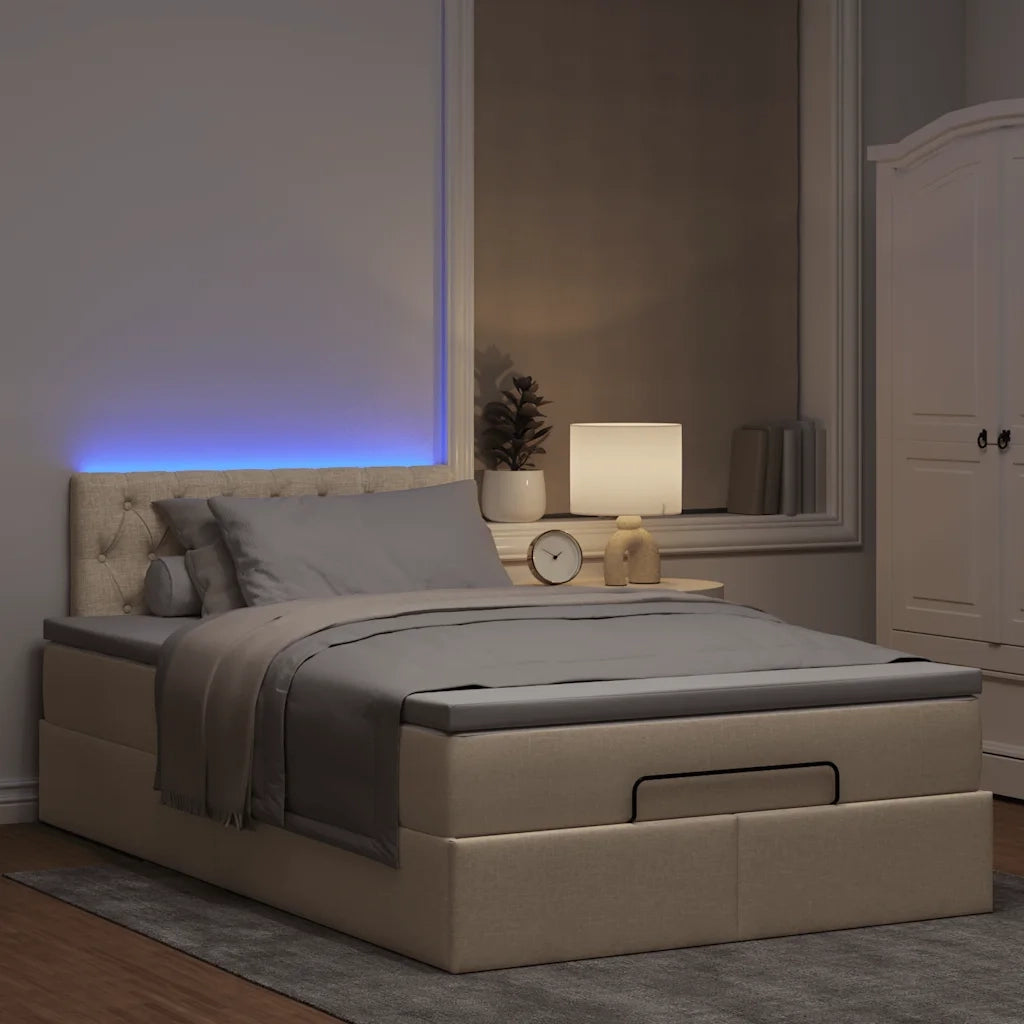 Pouf Letto con Materasso e LED Crema 120x190cm in Tessuto
