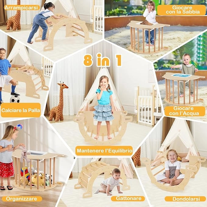 8 in 1 Arco da Arrampicata per Bambini, Altalena ad Arco in Legno con Contenitore Pieghevole, Palestra Montessori per Bambini 3 Anni + (90 × 50 × 48 cm)