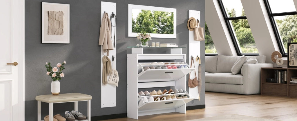 Set Mobili Ingresso 4 Pezzi Scarpiera Bianco Lucido Specchio e Appendiabiti