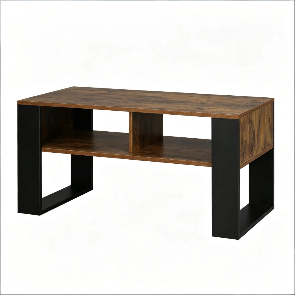 Tavolino basso con 2 vani aperti e piano ampio, per soggiorno, in legno, nero e marrone rustico, 90 × 45 × 45 cm