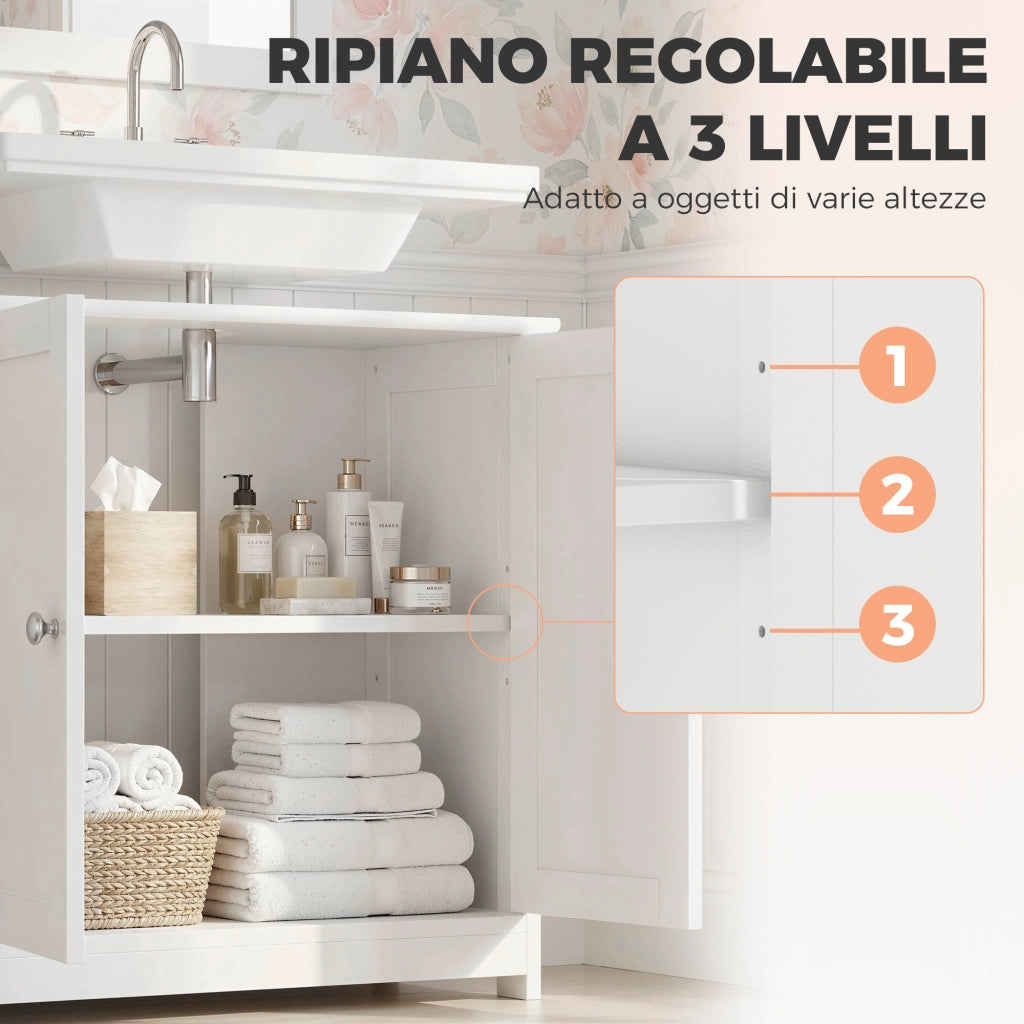 Mobile Sottolavabo a 2 Ante con Ripiano Regolabile e Intaglio a U, 60x30x60 cm, Bianco