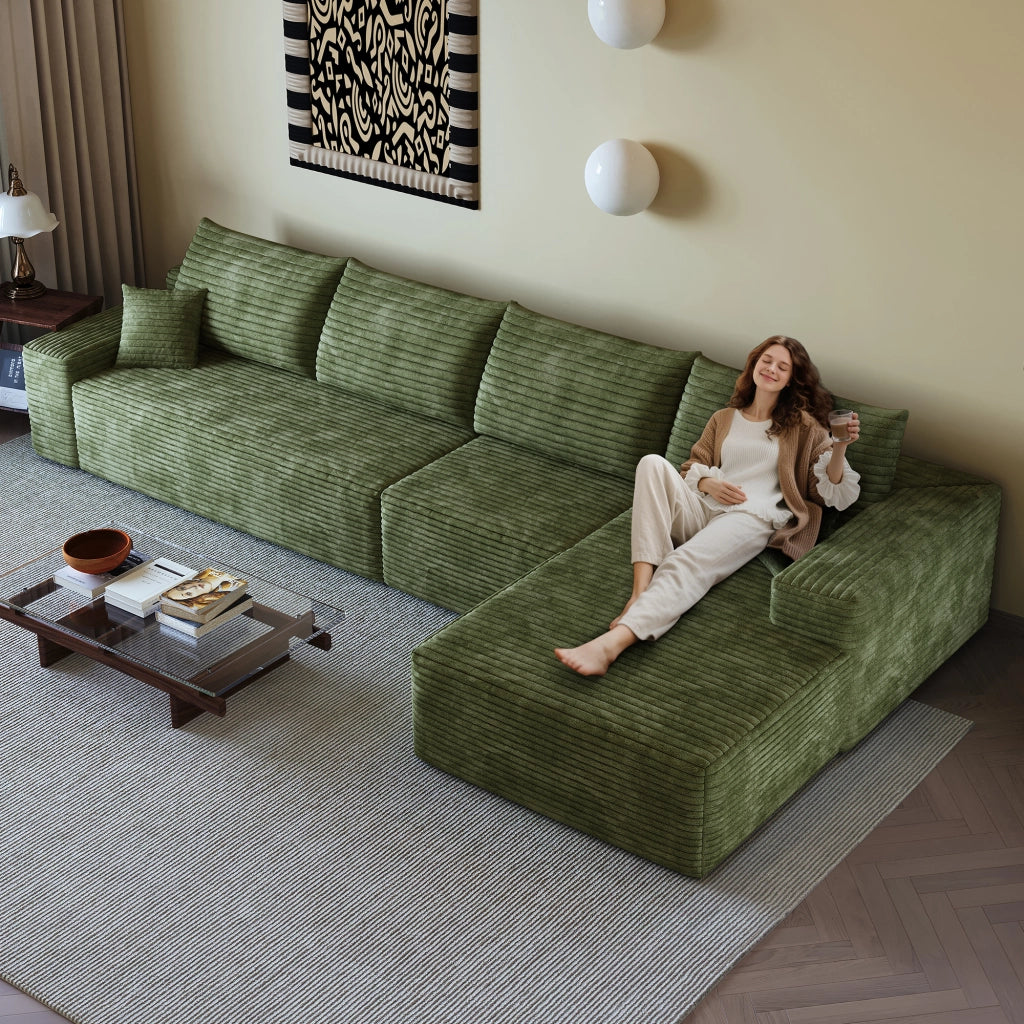 Divano d'angolo modulare con chaise longue e imbottitura in schiuma ad alta elasticità in velluto a coste verde 270 × 175 × 83 cm