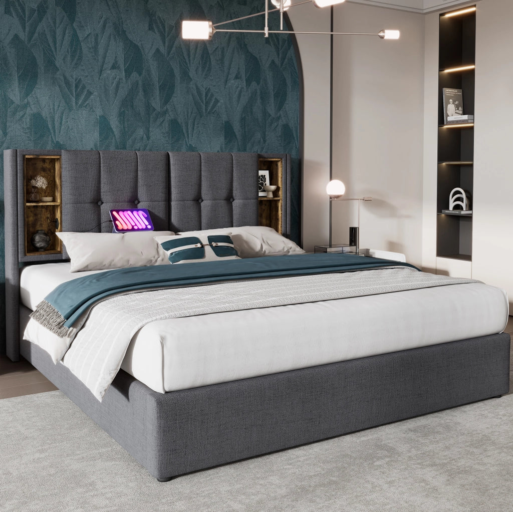 Letto imbottito 140x200 cm con ricarica wireless; USB C e contenitore; cotone grigio