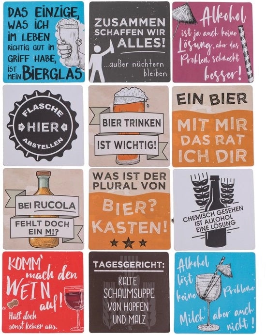 Set di 12 sottopiani in vetro con piede di gomma e slogan divertenti, sottopiani in vetro, sottopiani per bicchieri 9,5 x 9,5 cm