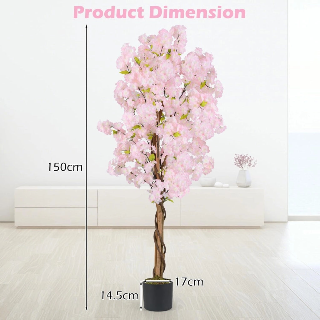 Set di 2 Piante Artificiali di Sakura, Pianta Artificiale 150 cm in Vaso, Falso Albero di Ciliegio con Fiori Rosa, Albero Artificiale Decorativo per la Casa