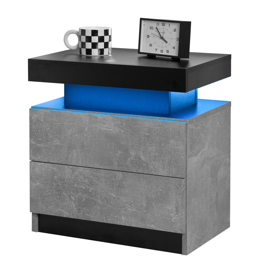 Comodino grigio in legno ingegnerizzato, 2 cassetti e luce LED