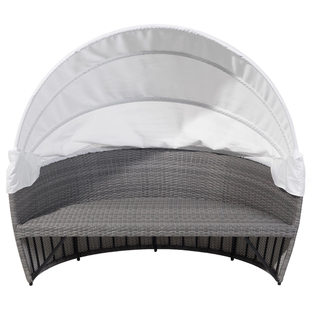 Lettino da giardino bianco e grigio finto rattan con cuscini Tavolino resistente alle intemperie
