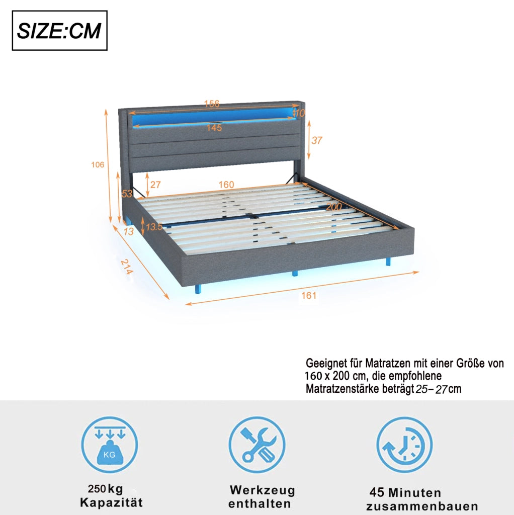 Letto imbottito 160x200 cm con USB e luci LED; tessuto effetto lino grigio (Senza materasso)