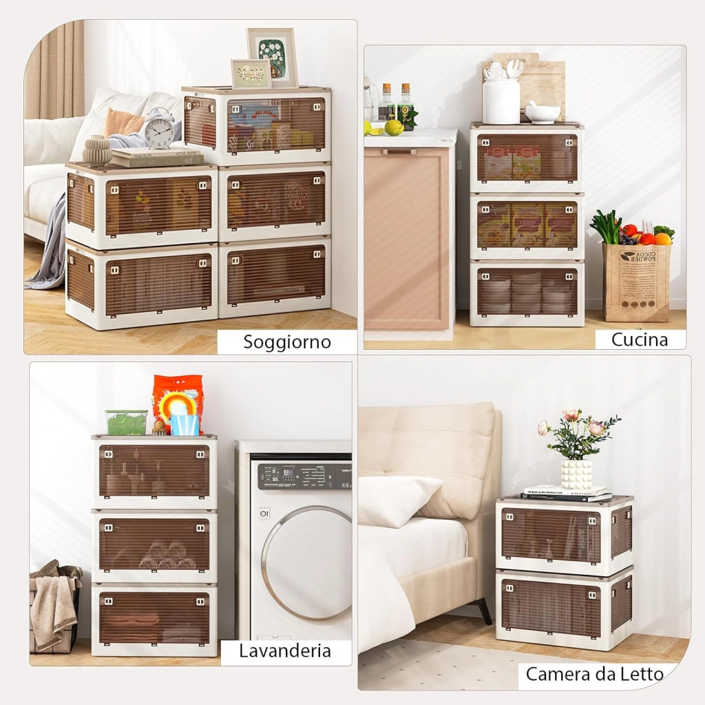 Set di 3 Contenitori Impilabili con Coperchi, Contenitori Pieghevoli in Plastica 132/90 L, Organizzatore con Ruote per Camera da Letto Soggiorno e Cucina (51,5x36,5x88cm)