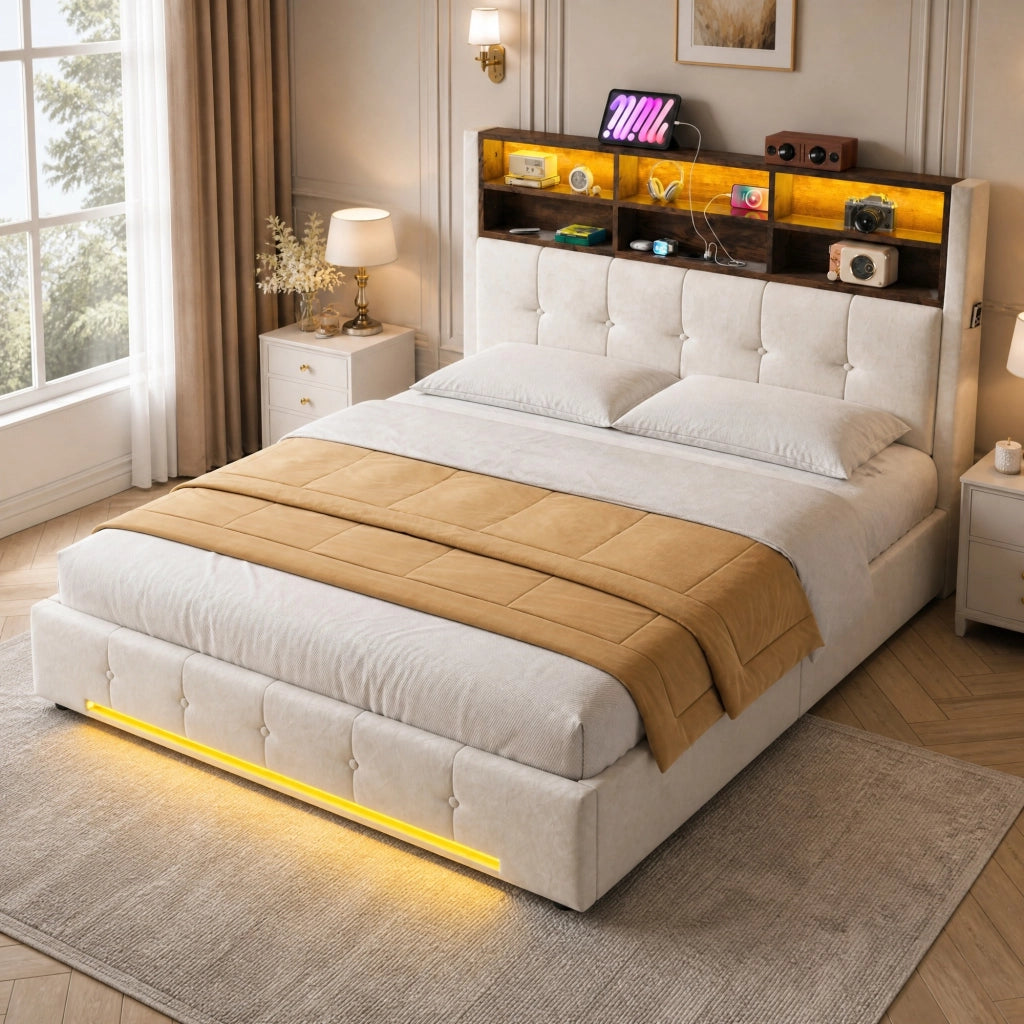 Letto matrimoniale 160x200 cm in velluto beige con contenitore; LED e USB-C