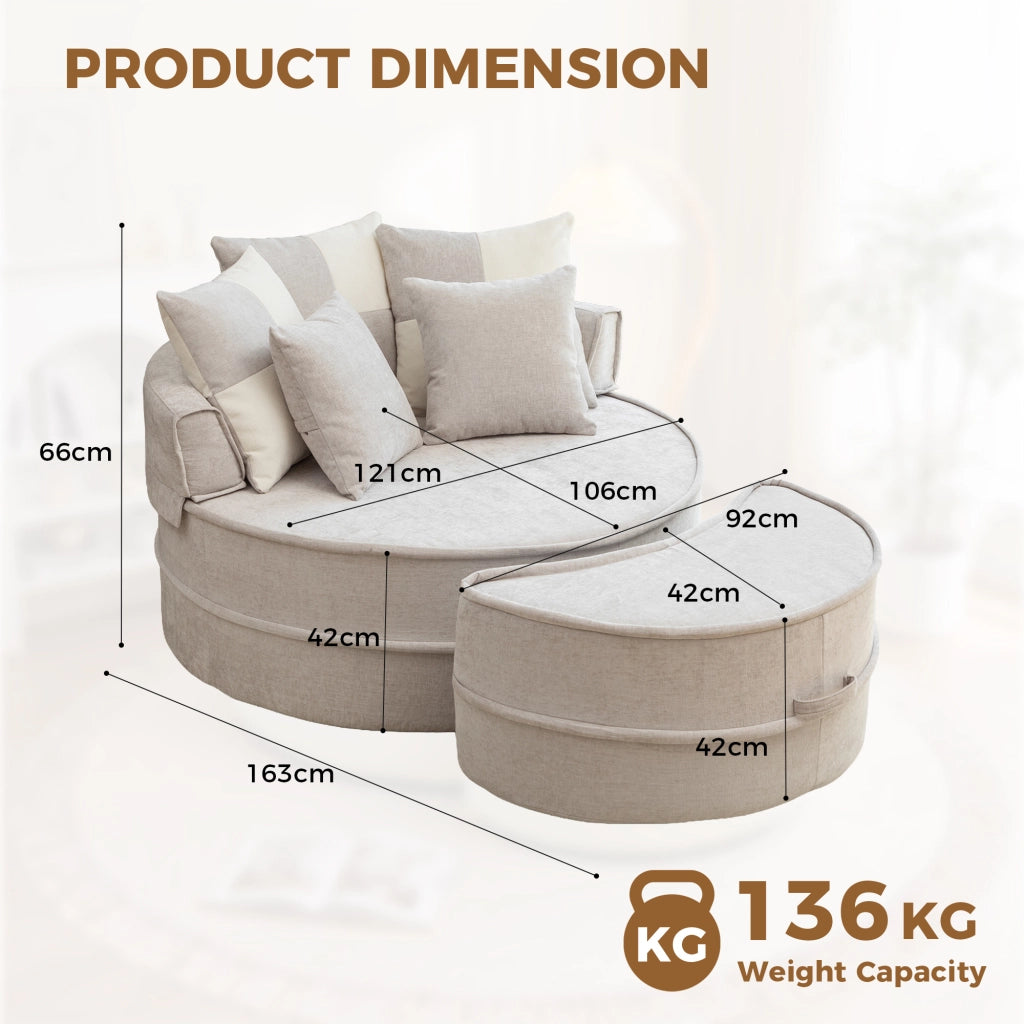 Poltrona lounge rotonda moderna con pouf e 5 cuscini in ciniglia grigia