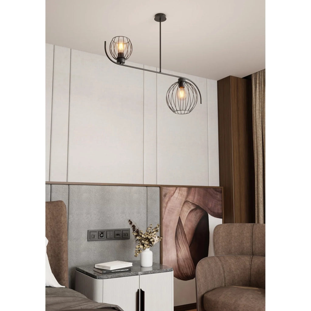Lampadario Industrial 2 Luci Tyr In Acciaio Nero Paralumi A Gabbia