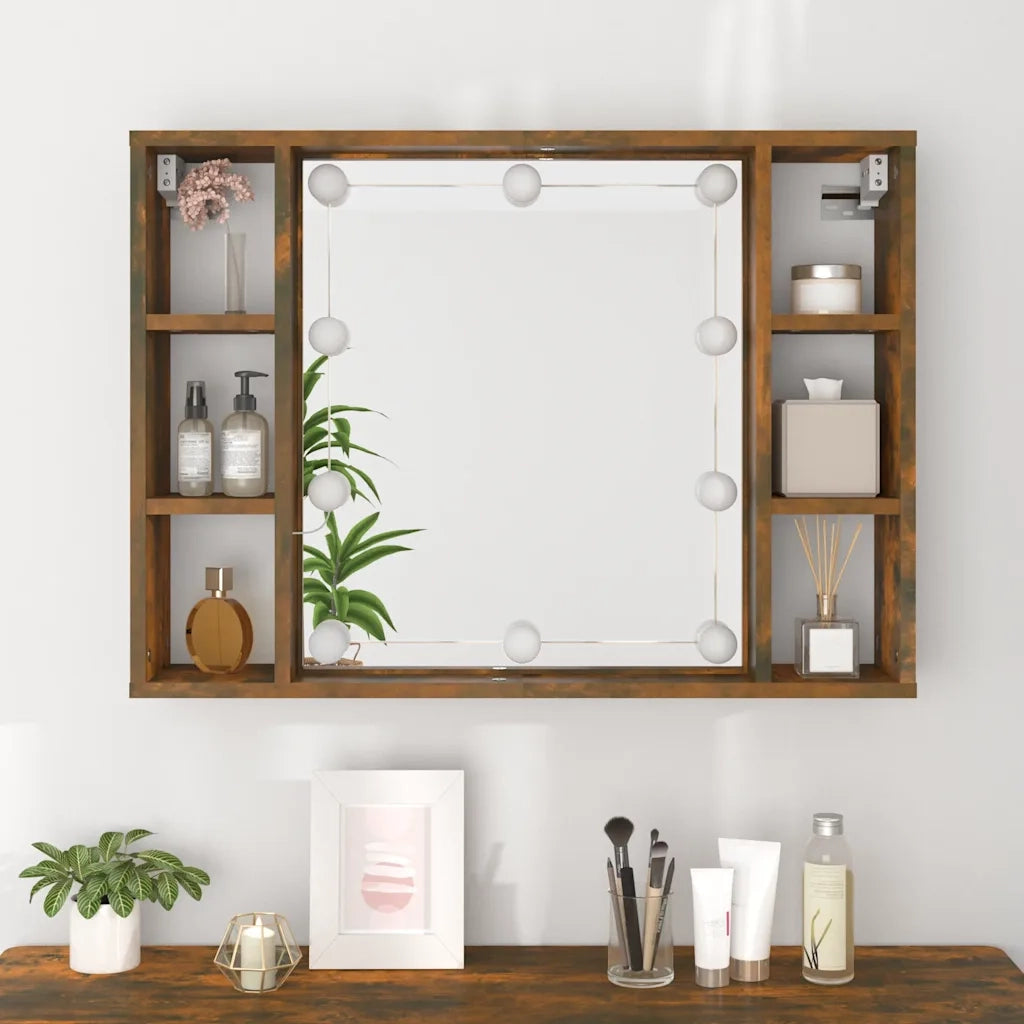 Mobile a Specchio con LED-Armadietto a Specchio Rovere Fumo 76x15x55 cm