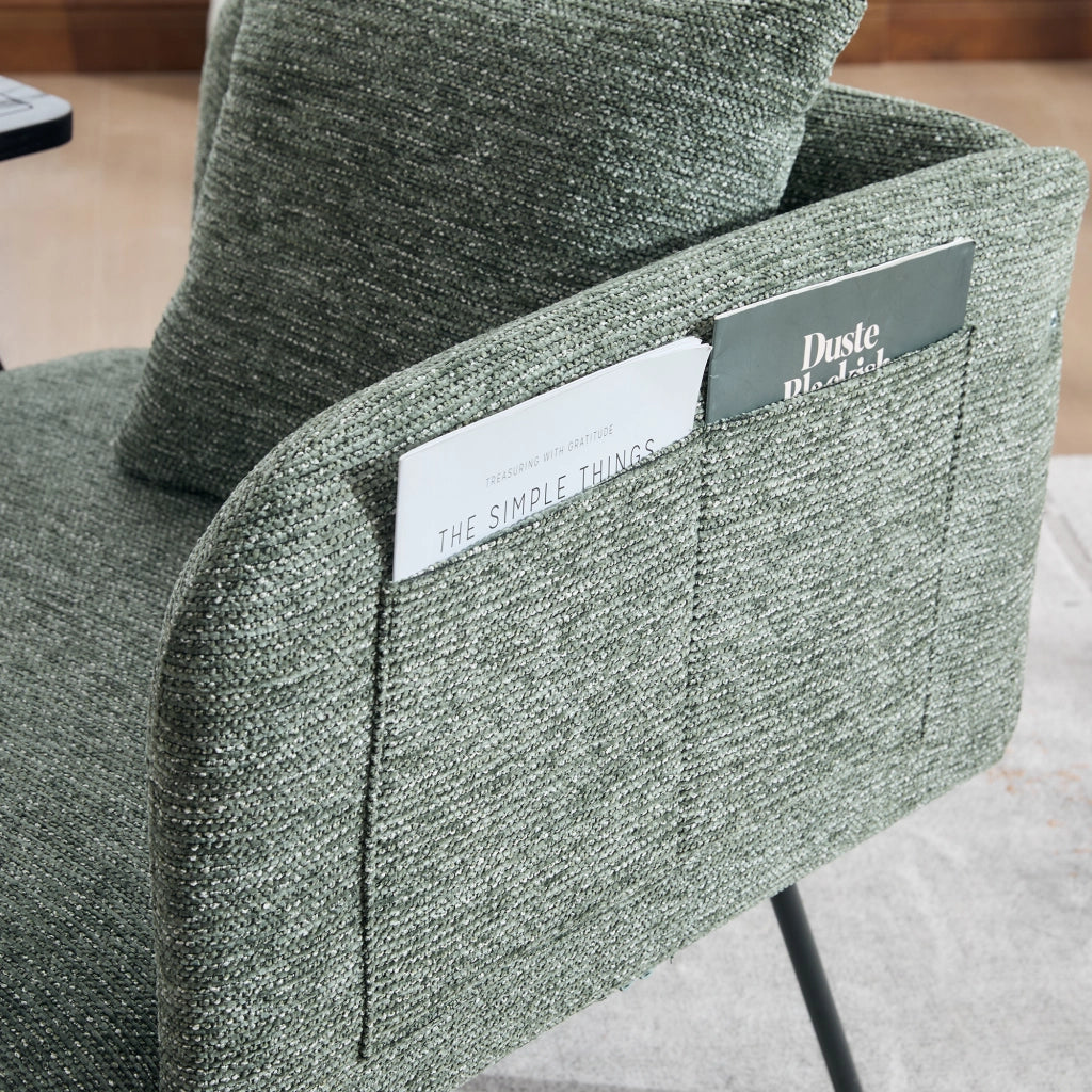 Poltrona con tavolino laterale e tasche laterali; seduta confortevole in chenille; verde smeraldo