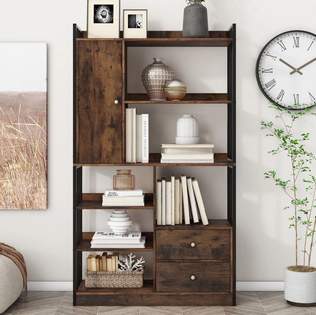 Libreria industriale 100x30x173;5 cm con ante e cassetti; effetto legno marrone nero