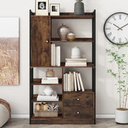 Libreria industriale 100x30x173;5 cm con ante e cassetti; effetto legno marrone nero