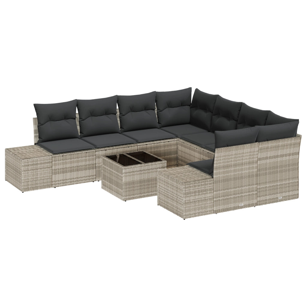 Set Divano Giardino da 9 Pezzi con Cuscini Grigio Chiaro Polirattan