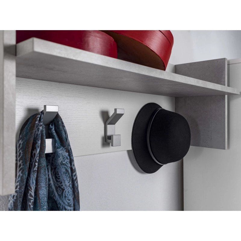Pannello appendiabiti a parete con ripiano e 3 ganci bianco e cemento 90x29x34 cm - Terraneo