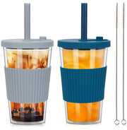 ZgoEC 500ml Bicchiere di Bubble Tea con Rietje, 2 pezzi Bicchiere di Smoothie Bicchiere di Plastica Bicchiere di Drinko con Rietje, Tumbler Bicchiere a doppia parete isolato, Bicchiere di IJskoffie senza uscita di liquidi come regalo