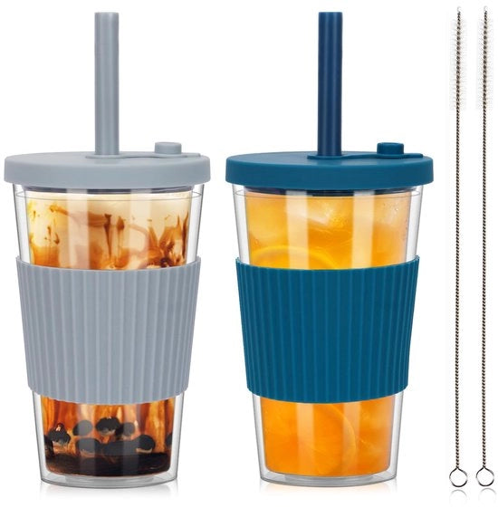 ZgoEC 500ml Bicchiere di Bubble Tea con Rietje, 2 pezzi Bicchiere di Smoothie Bicchiere di Plastica Bicchiere di Drinko con Rietje, Tumbler Bicchiere a doppia parete isolato, Bicchiere di IJskoffie senza uscita di liquidi come regalo