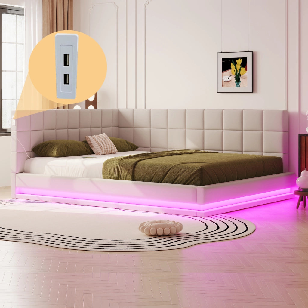 OKWISH Letto Divano 160×200 cm, Letto Matrimoniale con LED Multicolore, USB e Doghe, senza Materasso, in Tessuto Lino, Beige