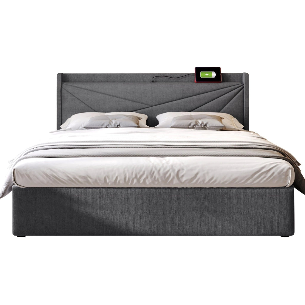 Letto matrimoniale 160x200 cm con contenitore; testiera con USB e Type-C; grigio