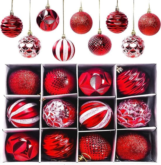 Decorazioni per albero di Natale, 12 pezzi, decorazioni per albero di Natale, tappeto, lucido, decorazioni per albero di Natale brillanti con diametro di 6 cm, rosso