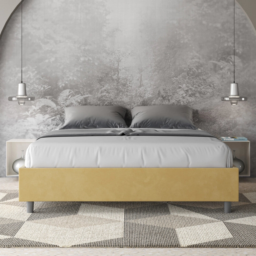 Letto Matrimoniale 160x200 cm con Rete e Contenitore Giroletto con Alzata Comoda Imbottito in Microfibra Azelia Ocra