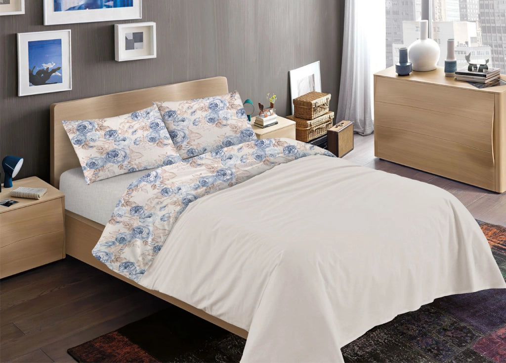 Completo Lenzuola Letto 100% Cotone Disegno Rose Floreale Fiori Romantico Mod RP Made In Italy - Piazza E Mezza - Blu