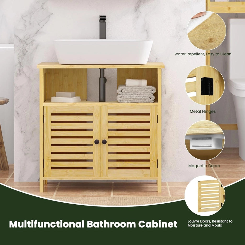 Mobile da Bagno Sotto lavabo, Mobile da Bagno in Bambù con 2 Porte Griglia Magnetiche e 1 Scomparto Aperto, con Ripiano Regolabile, 60x30x60cm