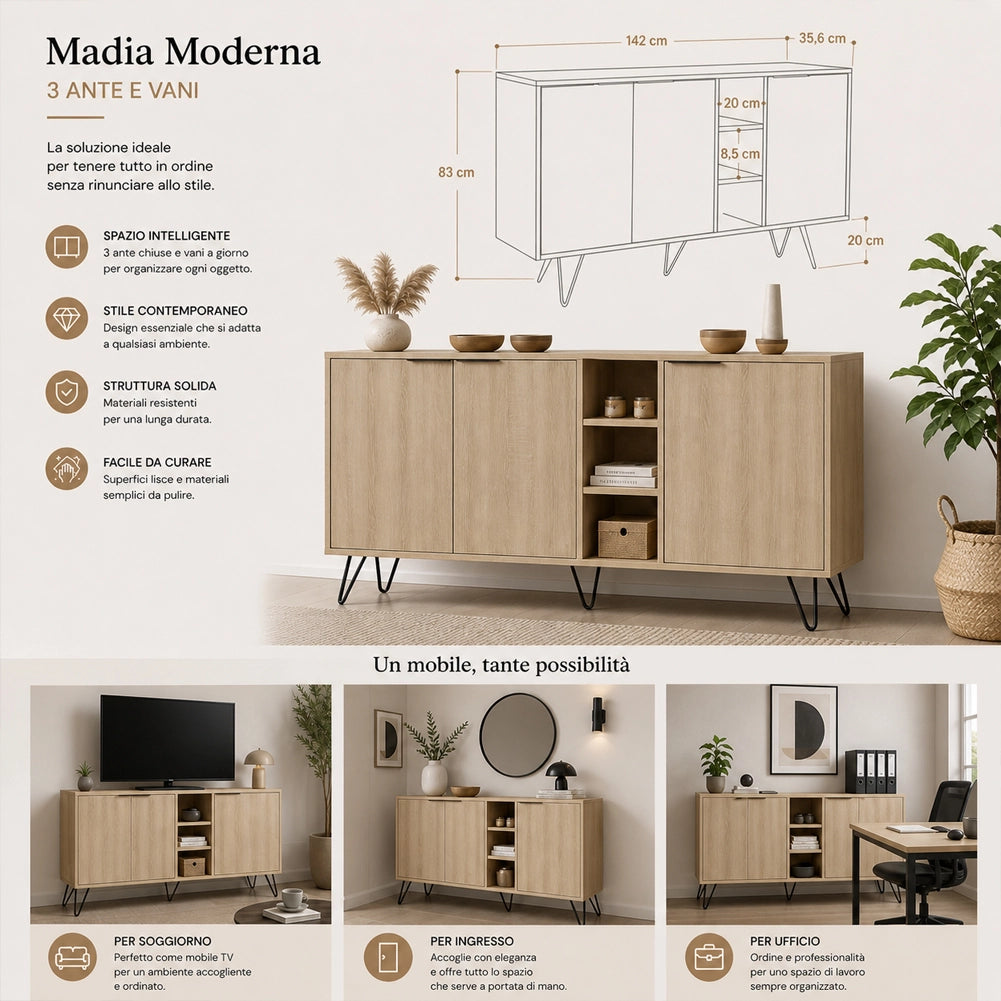 Madia Moderna Credenza con 3 Ante e Vani a Giorno 142x83 cm Zaffiro di Quercia