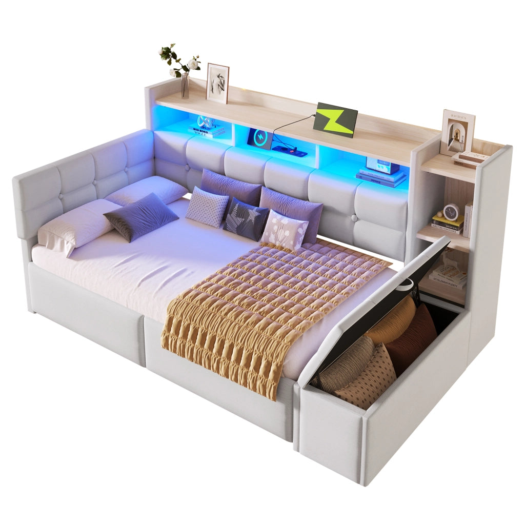 Letto Diurno con Cassetti, LED e USB ¨C MINIMAL ¨C Velluto Bianco 90x190