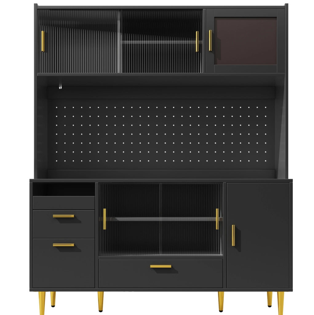 Buffet 140x40x180 cm con illuminazione LED e ante scorrevoli in vetro; MDF; nero