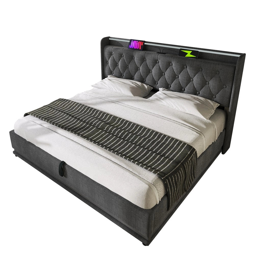 Letto Contenitore Matrimoniale Imbottito LED ¨C MINIMAL ¨C Grigio, Idraulico, 180x200, USB
