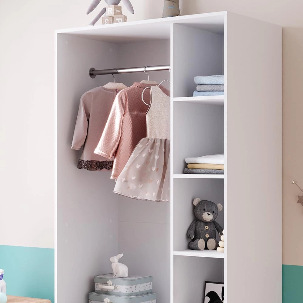 Guardaroba per bambini Elmo, Bianco, 100 x 200 cm con 2 cassetti, adatto per la conservazione ordinata di abbigliamento per bambini