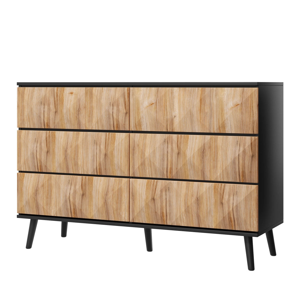 Credenza a 6 cassetti con frontali rialzati, struttura in MDF e pannello truciolare, nero e naturale 120 × 40 × 85 cm