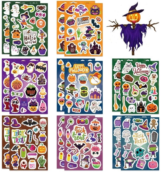 Sticker Pompon 16 pezzi - Decorazioni da Halloween - Decorazione per Feste - Per Laptop/Gitara/Scatboard - Carta di Alta Qualità - Sostenibile con Colla Forte