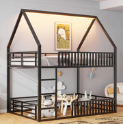 Letto a castello a forma di casa 140x200 cm in metallo nero con luce LED