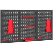 Set 3 Pannelli Porta Attrezzi da Parete 60x40x2 cm con 9 Supporti e 16 Ganci in Acciaio Nero e Rosso