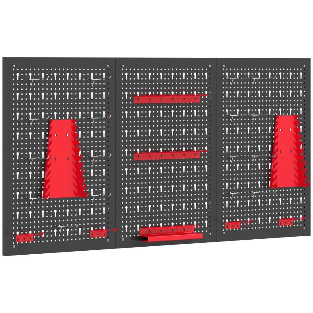 Set 3 Pannelli Porta Attrezzi da Parete 60x40x2 cm con 9 Supporti e 16 Ganci in Acciaio Nero e Rosso