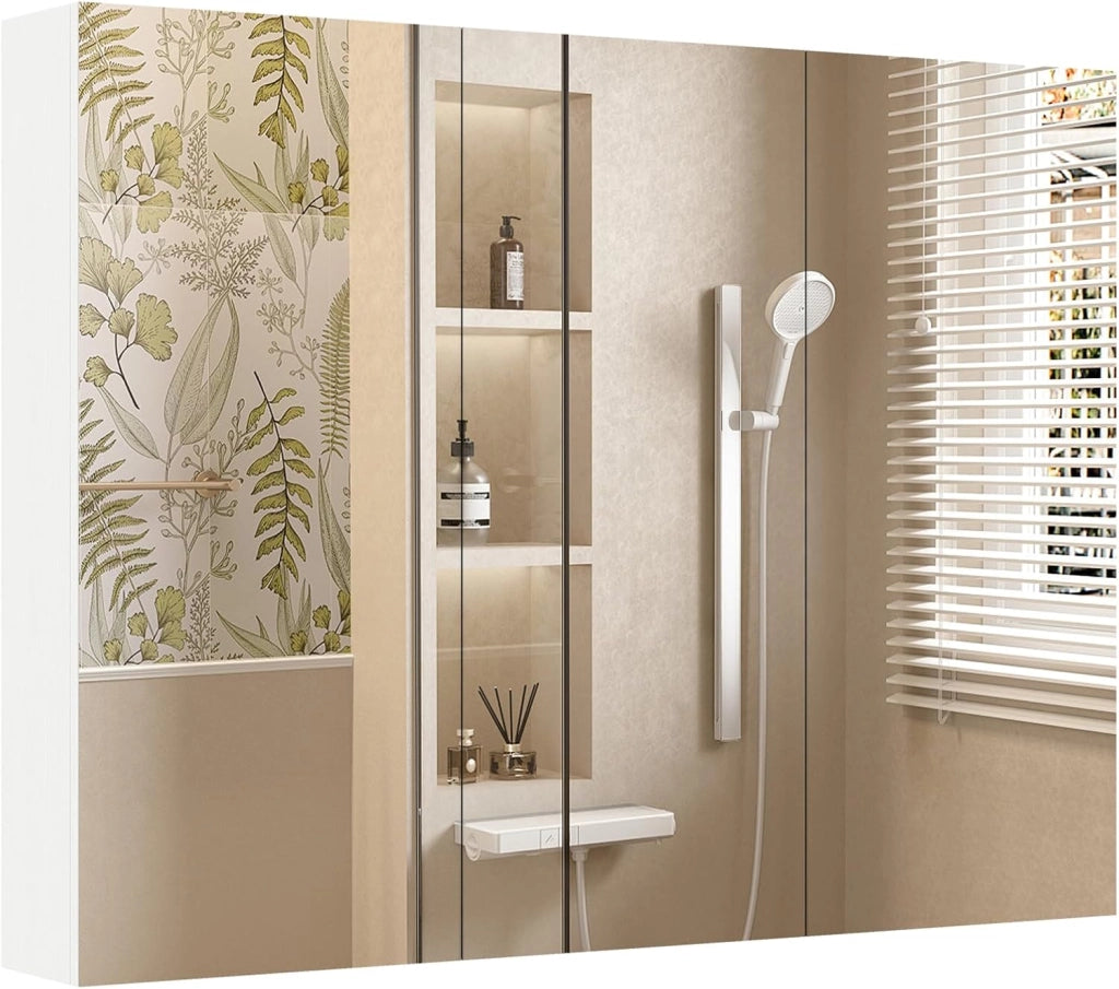 Specchio Bagno Contenitore, Mobiletto Salvaspazio da Parete con 3 Ante e 6 Scomparti, Superficie Effetto Legno e Struttura in Legno Robusta per Bagno e Soggiorno, 87 x 65 x 12,5 cm